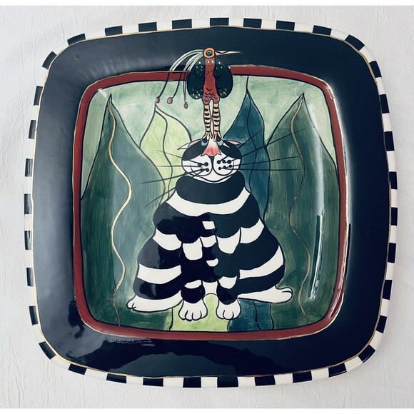 SWAK Lynda Corneille Plate Signed 2002 Peacock on Cat Head Wall Plate Square 12" - Picture 1 of 12